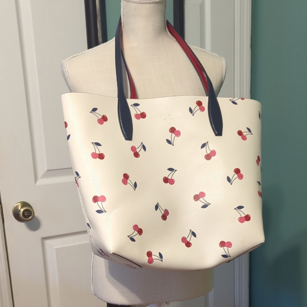 Kate Spade Reversible Red/Cherries Leather Tote Bag with Spacious Interior - Picture 4 of 5